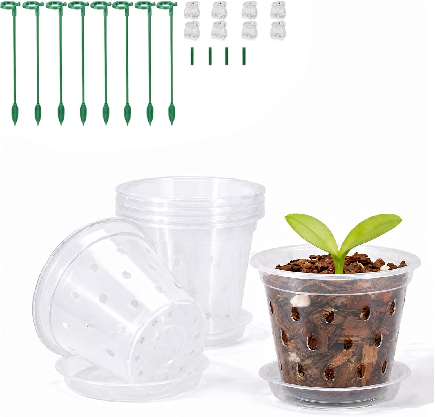 3/4/5/6 Inch Orchid Pot, 12 Pack Clear Orchid Pots with Holes, Saucer and Plant Stakes for Repotting, Plastic Plant Pot for Indoor & Outdoor Plants
