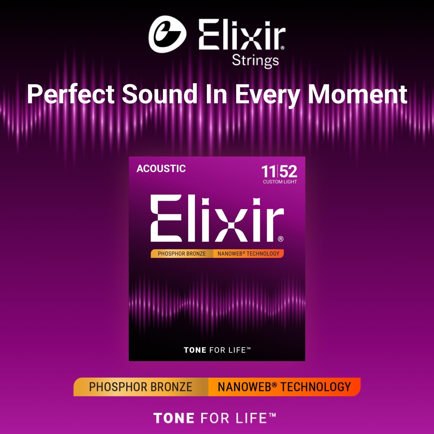 Elixir Strings, Acoustic Guitar Strings, Phosphor Bronze with NANOWEB Technology, Longest-Lasting Rich and Full Tone For Life with Comfortable Feel, 6 String Set, Custom Light 11-52