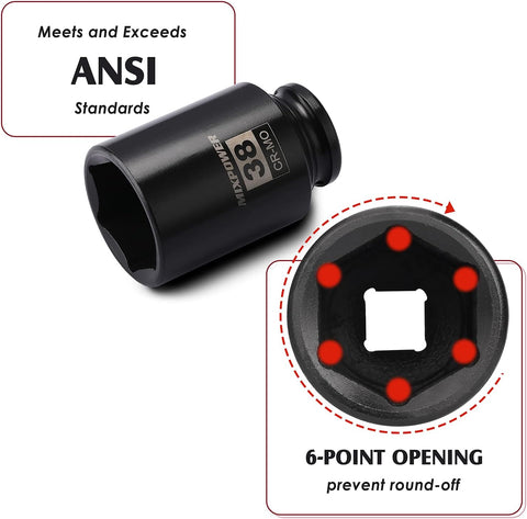 MIXPOWER 1/2" Drive Deep Impact Socket, CR-MO, 38mm, 6 Point, Axle Nut Impact Grade Socket for Easy Removal