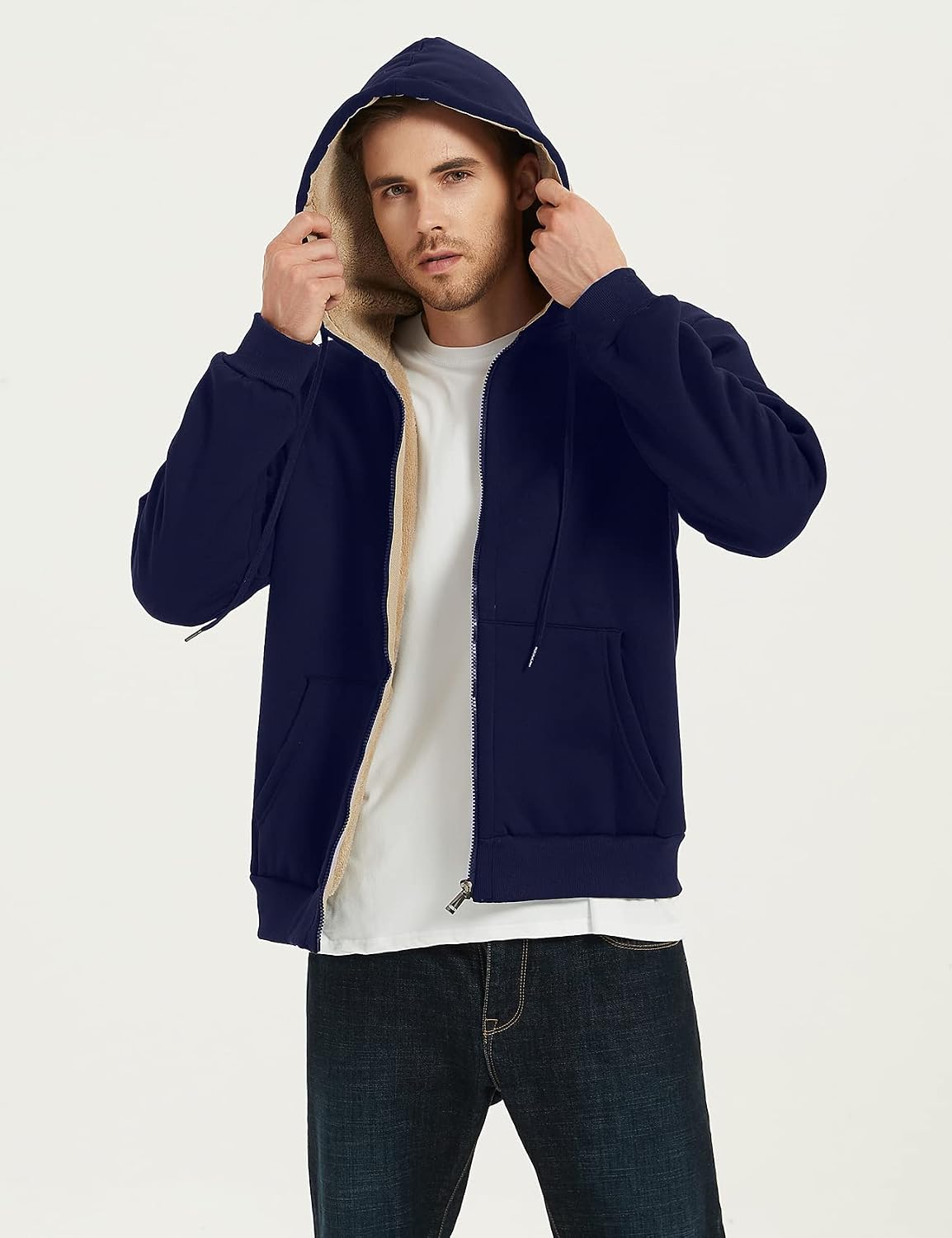 Flygo Mens Sherpa Hoodie Jacket Warm Fleece Lined Zip Up Sweatshirts