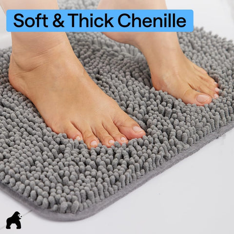 GORILLA GRIP Bath Rug Mat for Bathroom, Absorbent Chenille, 24x17 Gray