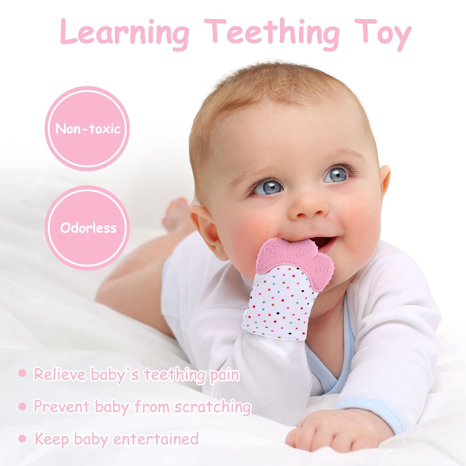 2Pack Silicone Teething Mitt, Soothing Infant Teething Mitten Pain Relief, Prevent Scratches Glove, Safe Silicone Teething Toys for 0-12 Months