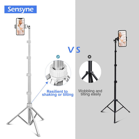 Sensyne 67" Phone Tripod & Selfie Stick, Extendable Cell Phone Tripod Stand with Wireless Remote and Phone Holder, Compatible with iPhone Android Phone, Camera (Silver)