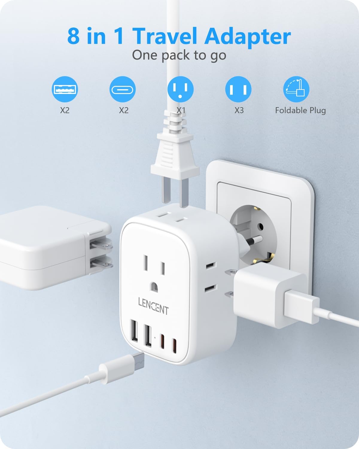 LENCENT European Travel Plug Adapter US to Europe Type-C Foldable Plug
