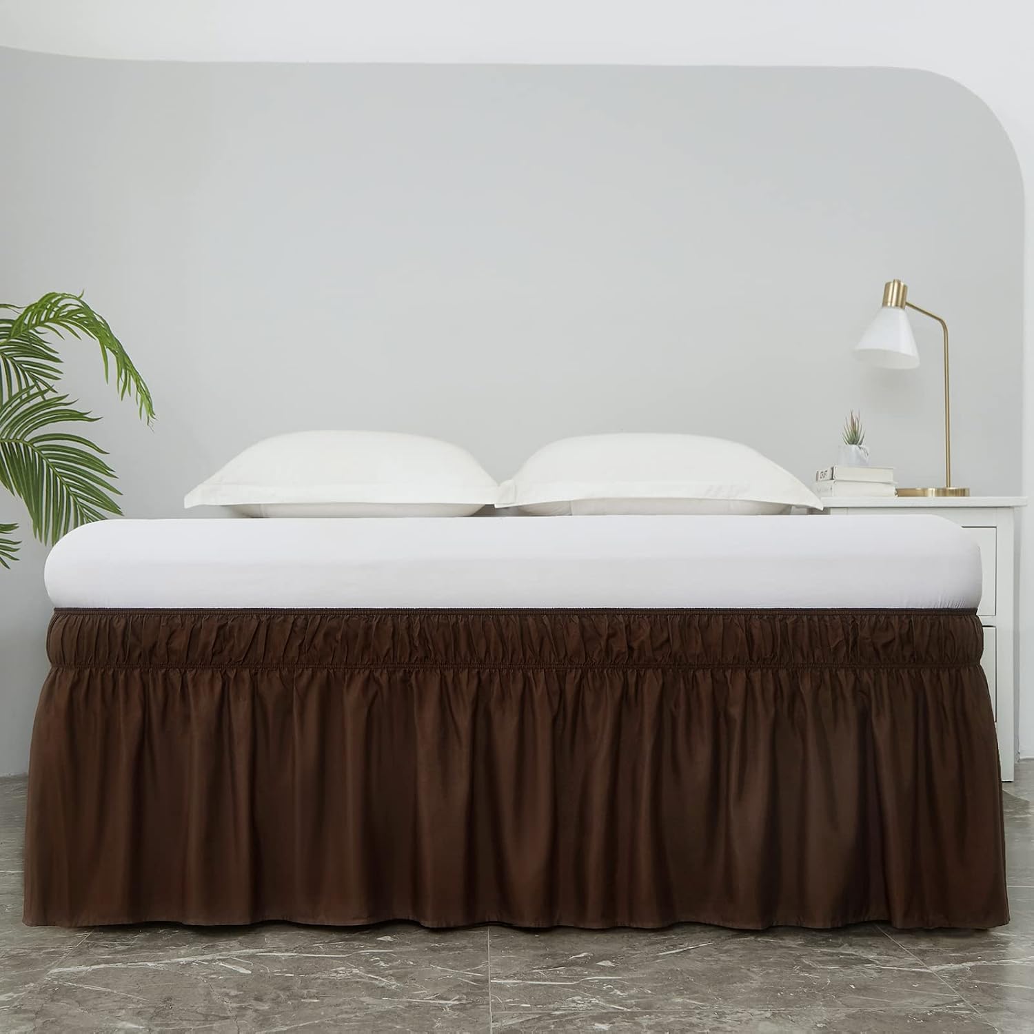MEILA Wrap Around Elastic Bed Skirt for Queen & King Beds, 16" Drop, Brown