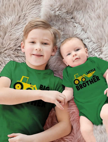 Big Brother Little Bro Tractor Matching Set Toddler Tee Baby Bodysuit