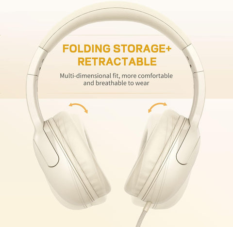 LORELEI E5 Wired Headphones for Kids Foldable & 3.5mm Jack Tangle Free Nylon Wire Stereo On Ear Headsets for Kids/Children/School/Tablet/Ipad/Kiddle/Plane (Beige White)