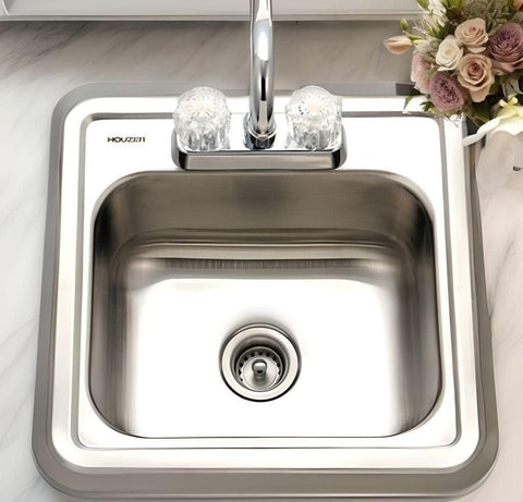Houzer Hospitality Stainless Steel Bar & Prep Sink: 15 Inch Drop-In Topmount 2-Hole Sink for Bar & Kitchen, Durable & Versatile, Essential for Home & Apartment: 1515-6BS-1