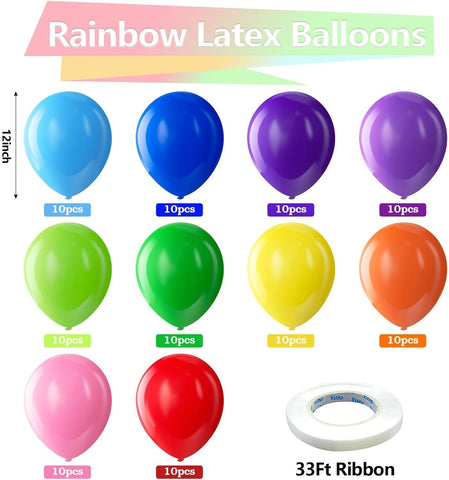 Bezente Assorted Latex Rainbow Balloons 100 Pack 12 inch