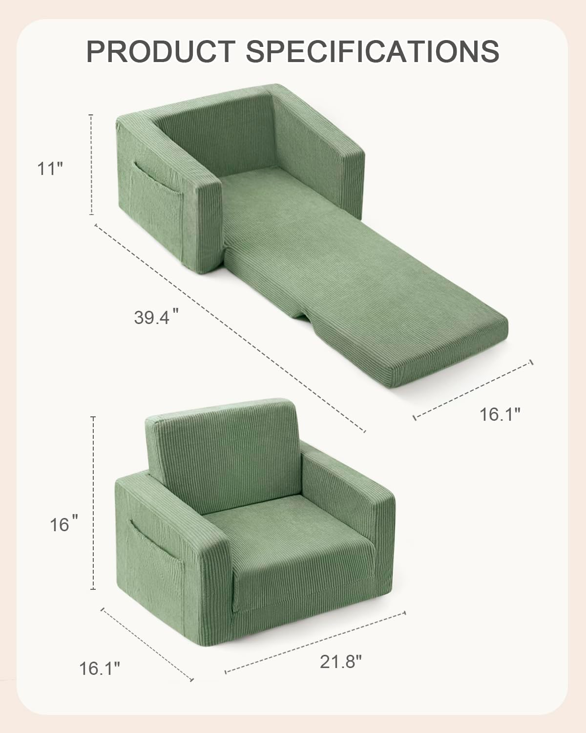 2-in-1 Kids Chair and Couch, Cozy Corduroy Kids Sofa, Green