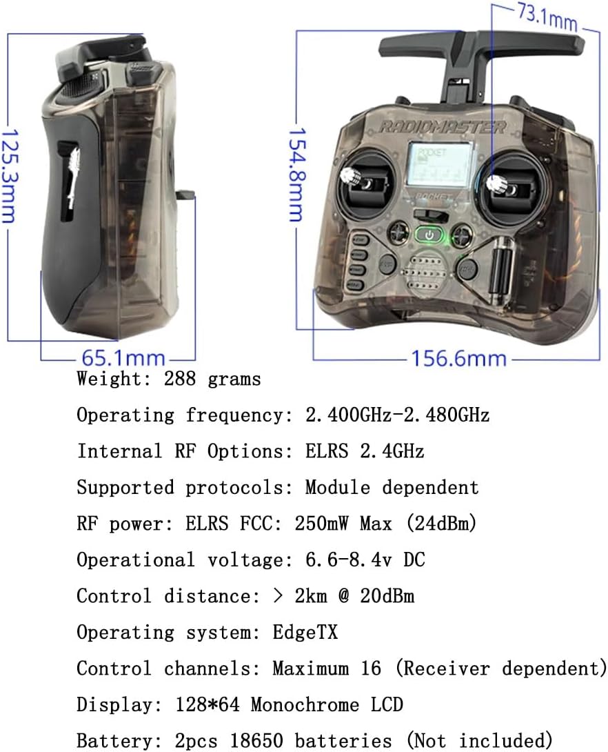 Radiomaster Pocket ELRS Hall Gimbal Transmitter Remote Control Portable Lightweight Built in LED Light Foldable Antenna（Black Mode 2）
