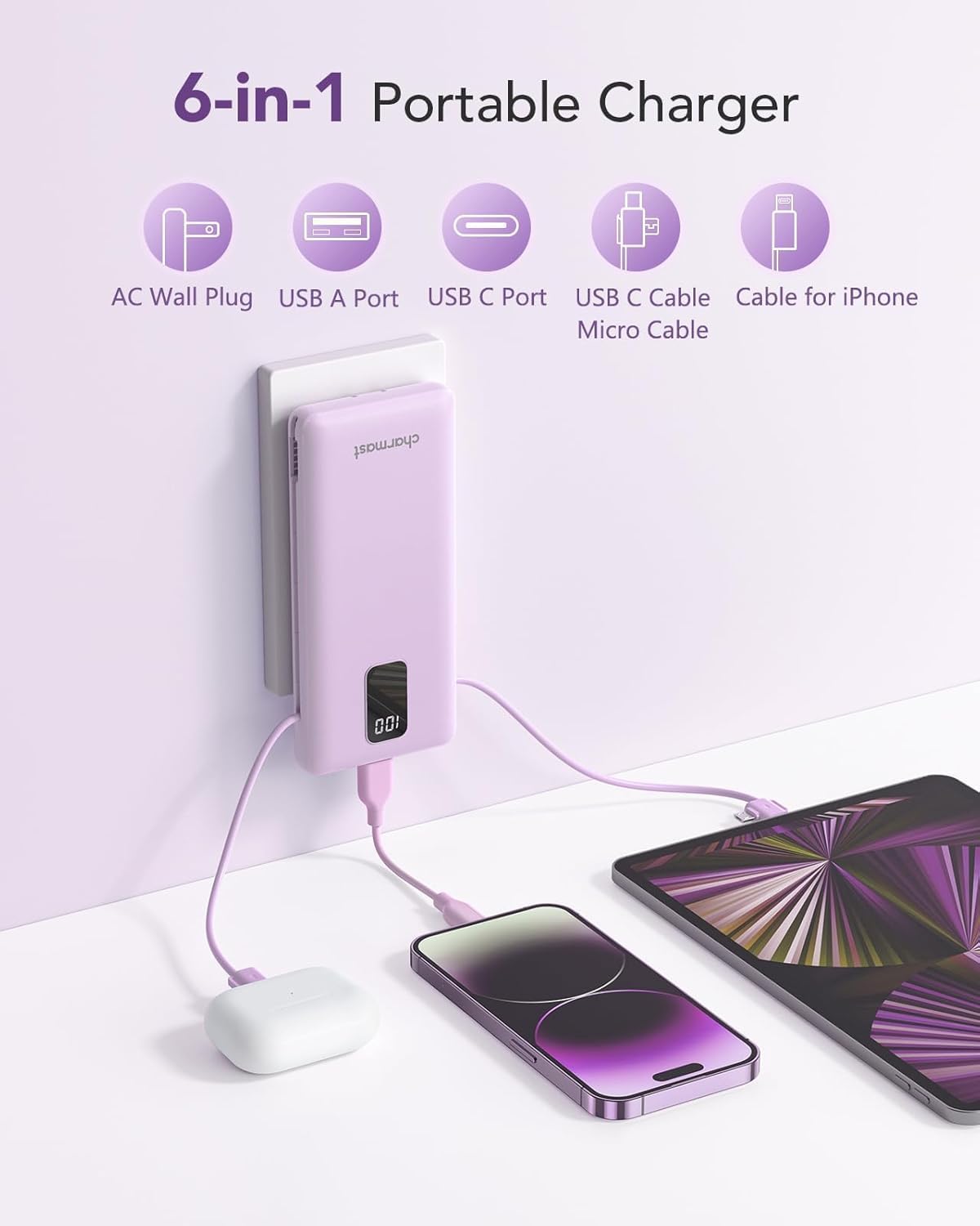 charmast Portable Charger Power Bank Built in Cables,10000mAh Battery Pack
