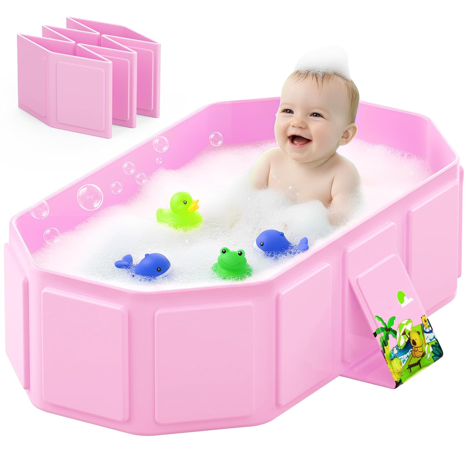 Collapsible Baby Bathtub, Toddler Bathtub with Drain Plug, Pink