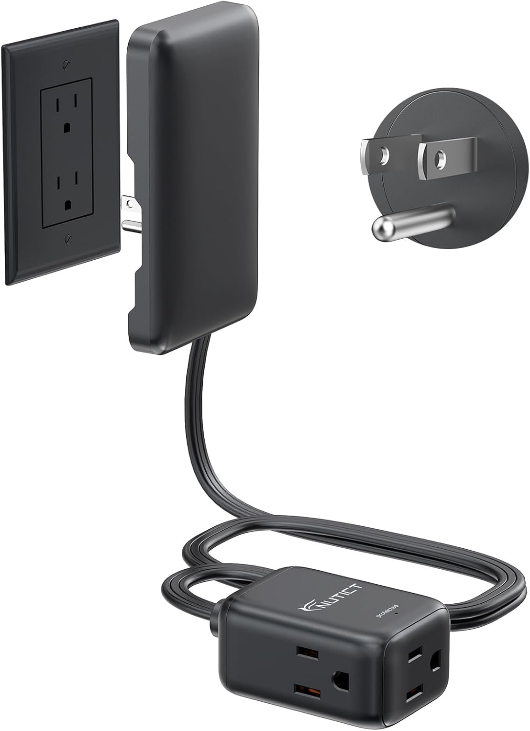 NUTICT 3FT Black Flat Extension Cord with Outlet Cover, 3 AC Outlets