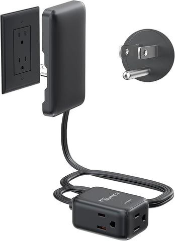 NUTICT 3FT Black Flat Extension Cord with Outlet Cover, 3 AC Outlets