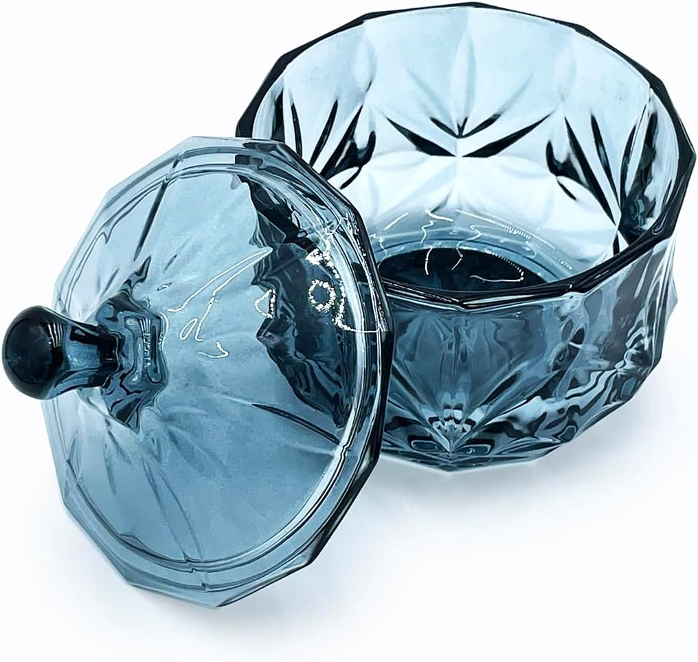 8oz Glass Candy Dish with Lid,Small Crystal Candy Jar,Apothecary Jar for Cotton Balls,Q Tips, Small Accessories,Office,Bathroom,Dining Room Organizer(Gray)