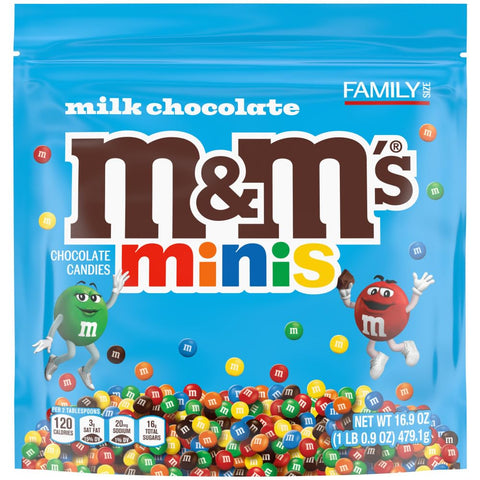 M&M'S MINIS Milk Chocolate Candy Assortment, Family Size, 16.9 oz Resealable Bulk Chocolate Candy Bag