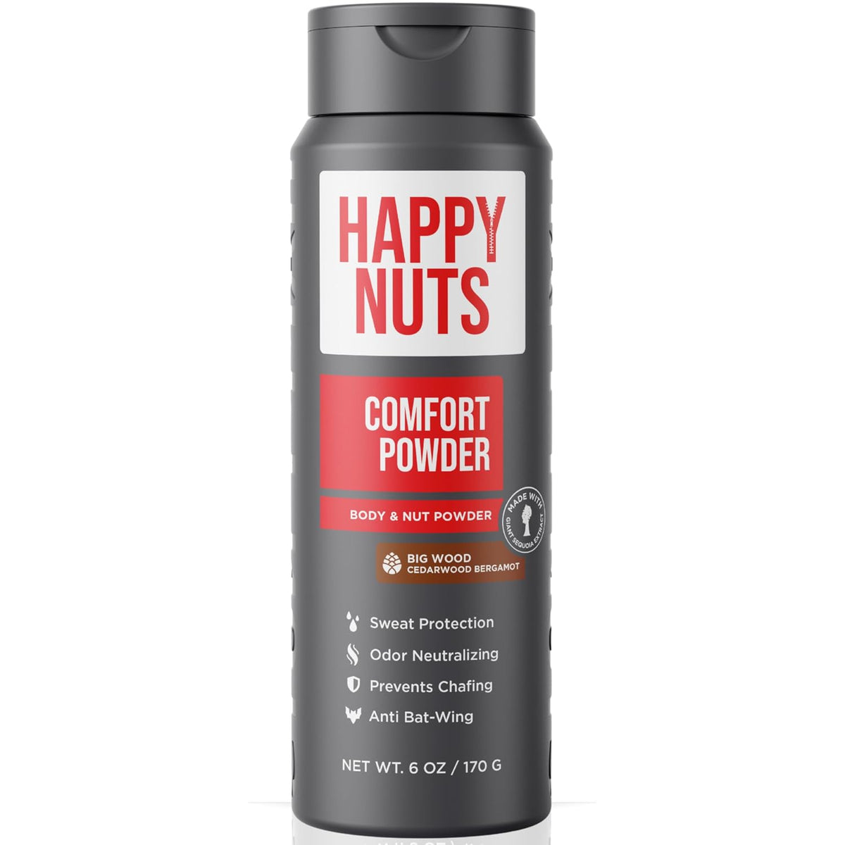 HAPPY NUTS Comfort Powder - Anti Chafing & Deodorant, Aluminum-Free, Sweat and Odor Control for Jock Itch, Groin and Men's Private Parts 6oz (6 Ounce (Pack of 1), Big Wood)