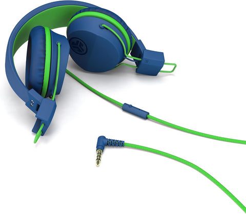 JLab, JBuddies Studio, Kids Wired on-Ear Headphones, Bundle with USB-C Adapter, Volume limiting, Foldable, Blue/Green