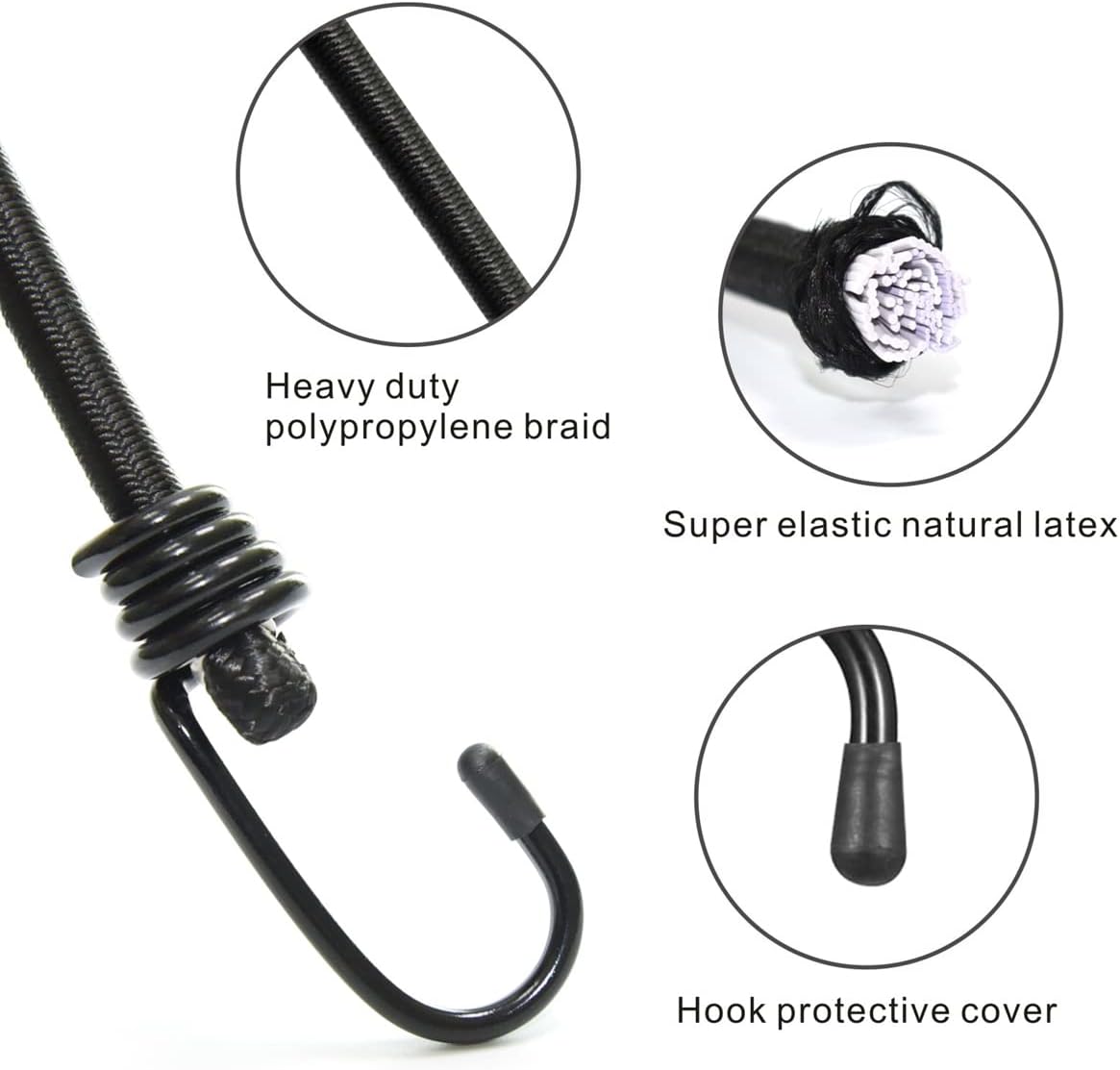 BEXSLE Bungee Cords with Hooks, Heavy Duty Outdoor Elastic Bungee Straps，No Odour Industrial Grade Bungee Rope for Securing Tarps, Luggage, Tents, Bikes or Garden Tidying 24inch 4Pcs (Black)