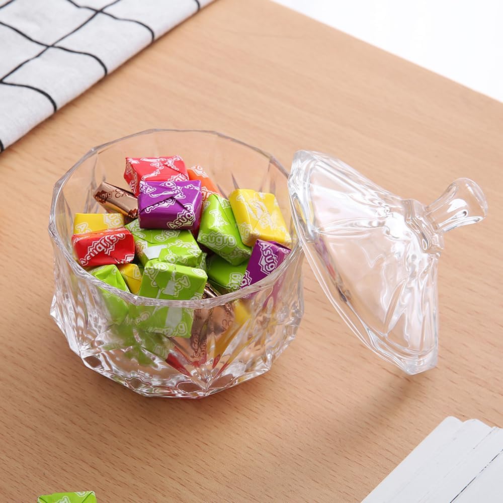 8oz Glass Candy Dish with Lid,Small Decorative Storage Jar for Candy,Cookies,Snacks Bath Salt,Sugar Bowl,Office,Bathroom,Dining Room Organizer (Clear)
