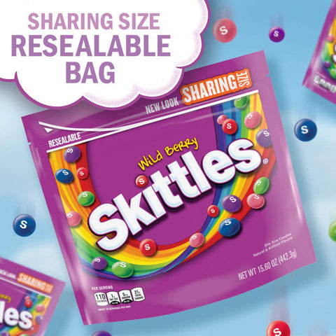 SKITTLES Wild Berry Chewy Candy Share Size Tear and Share Movie Night Party Favor Candy Snack, 15.6 Oz Resealable Bag (Pack of 3)