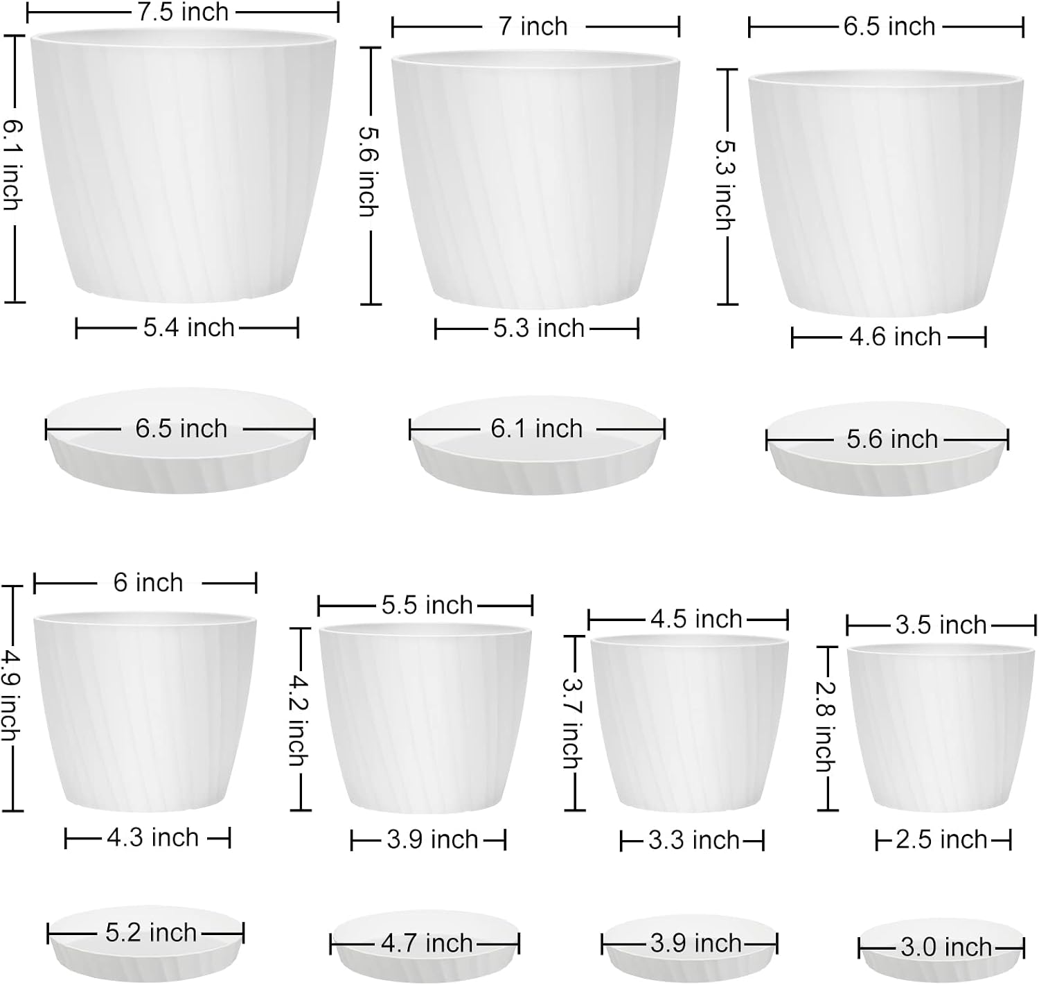 YNNICO 7.5/7/6.5/6/5.5/4.5/3.5 Inches Plant Pots with Drainage and Saucers