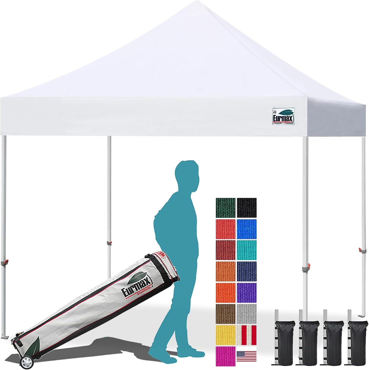 Eurmax USA 10x10ft Pop Up Canopy,Commercial Instant Tent for Outdoor Events,Patented No-Tip Rolling Storage Bag with 4 Sandbags,UV & Water Resistant,Heavy Duty Portable Shelter Gazebo,White