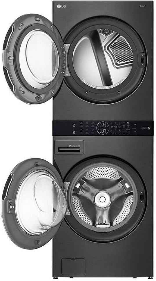 LG WashTower Stacked Smart Laundry Center 4.5 Cu.Ft. Front Load Washer Fully Automatic & 7.4 Cu.Ft. Gas Dryer in Black Steel w/Steam WKGX201HBA