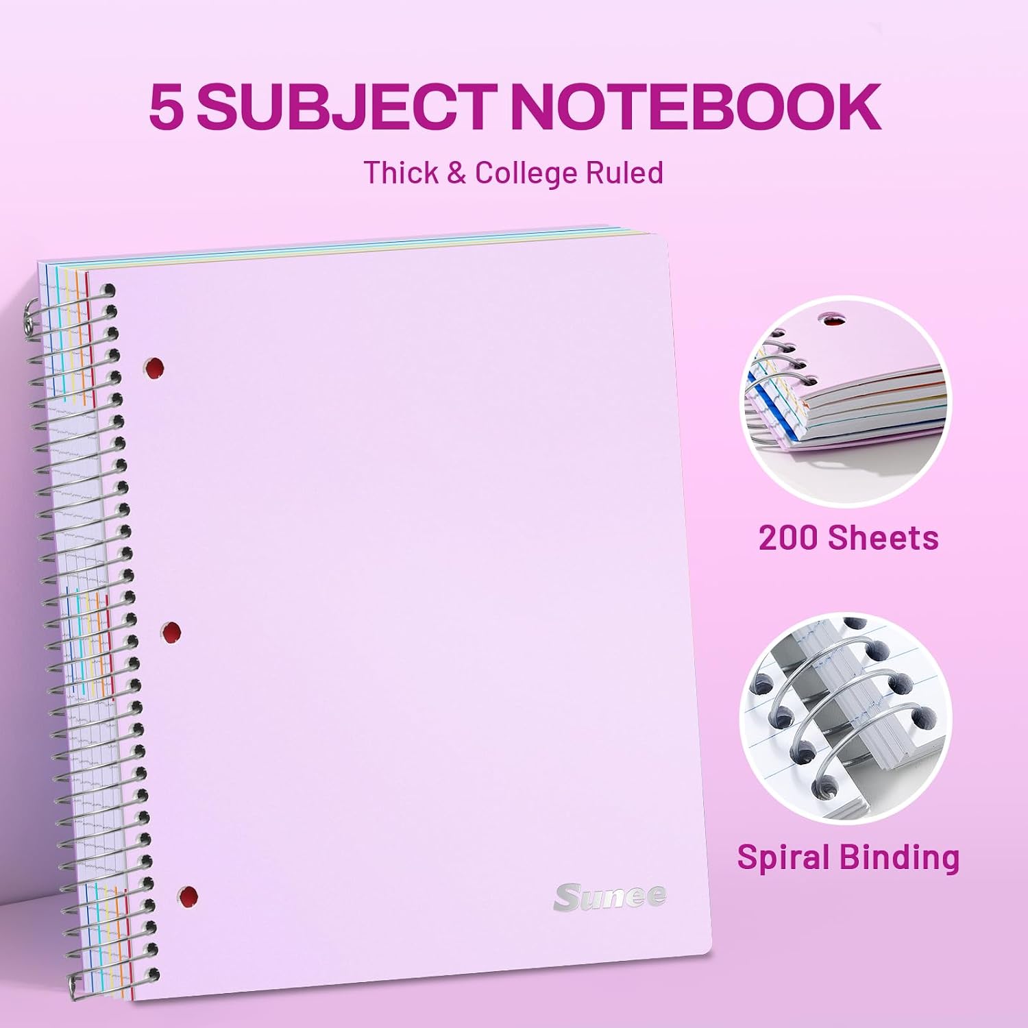 SUNEE 5 Subject Notebook College Ruled - 400 Pages, 9"x11", 5 Pocket Colored Dividers, 3-Hole Punched Paper, Purple