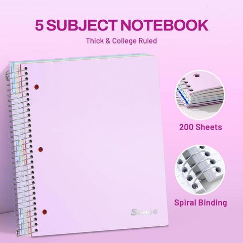 SUNEE 5 Subject Notebook College Ruled - 400 Pages, 9"x11", 5 Pocket Colored Dividers, 3-Hole Punched Paper, Purple