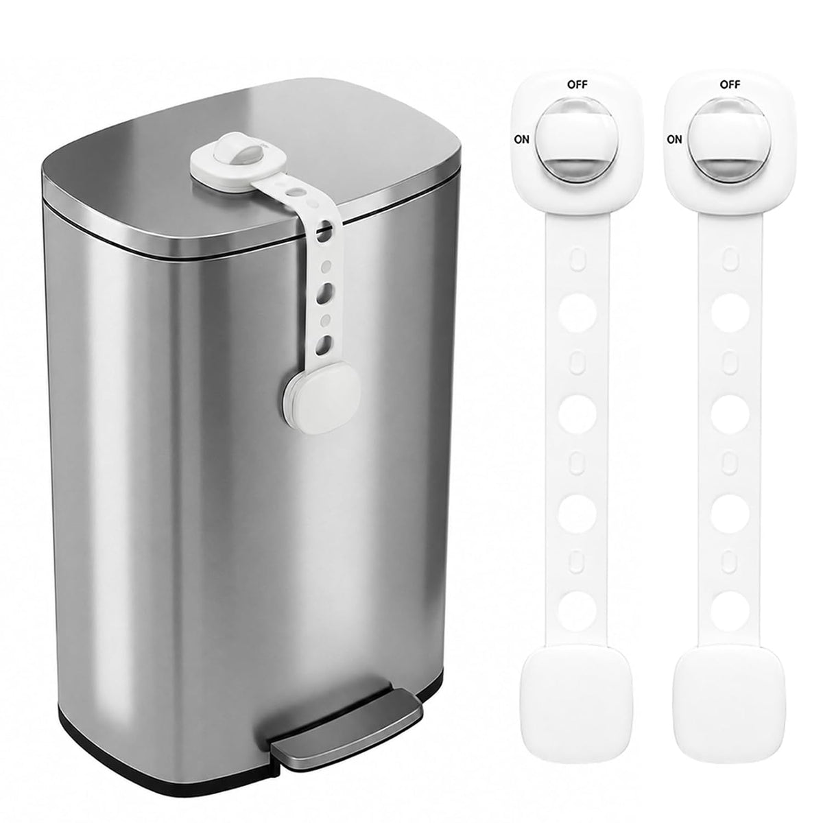 LynxLink White Trash Can Lock Strap 2 Pack - Dual Button Child Proof Garbage Can Lid Lock for Kitchen & Bathroom - Strong Adhesive Dog Proof Trash Can