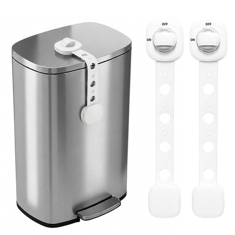 LynxLink White Trash Can Lock Strap 2 Pack - Dual Button Child Proof Garbage Can Lid Lock for Kitchen & Bathroom - Strong Adhesive Dog Proof Trash Can