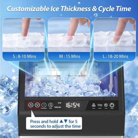 Commercial Ice Maker, 100LBS/24H Freestanding Ice Machine with Self-Priming Gallon Water& Facuet Water Inlet, Self-Cleaning, 3 Ice Thickness,16LBs Storage Bin for Home, Office,Garage, Bar, Restraunt