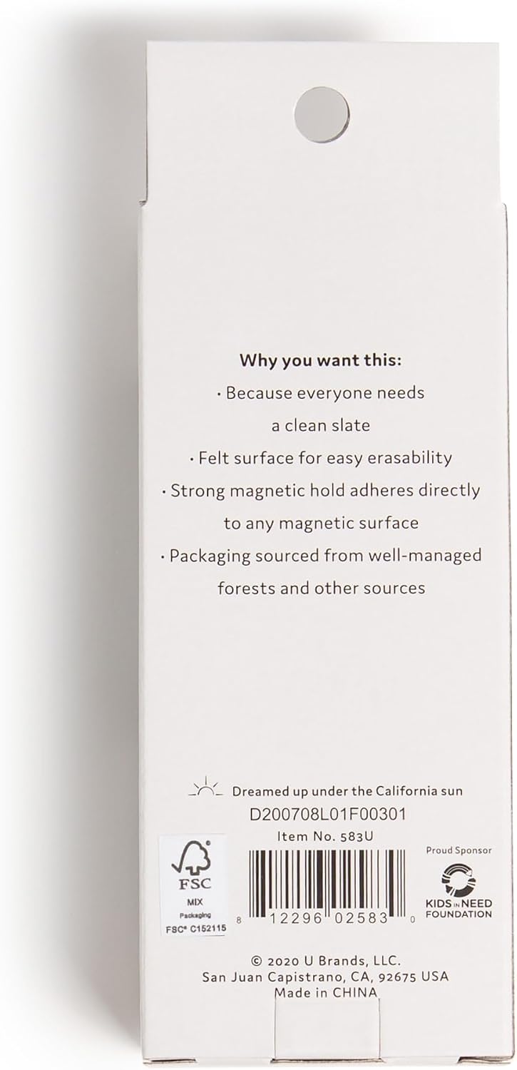 U Brands Magnetic Dry Erase Board Felt Eraser, 2"x5"x1", White, Lightweight Modern Design