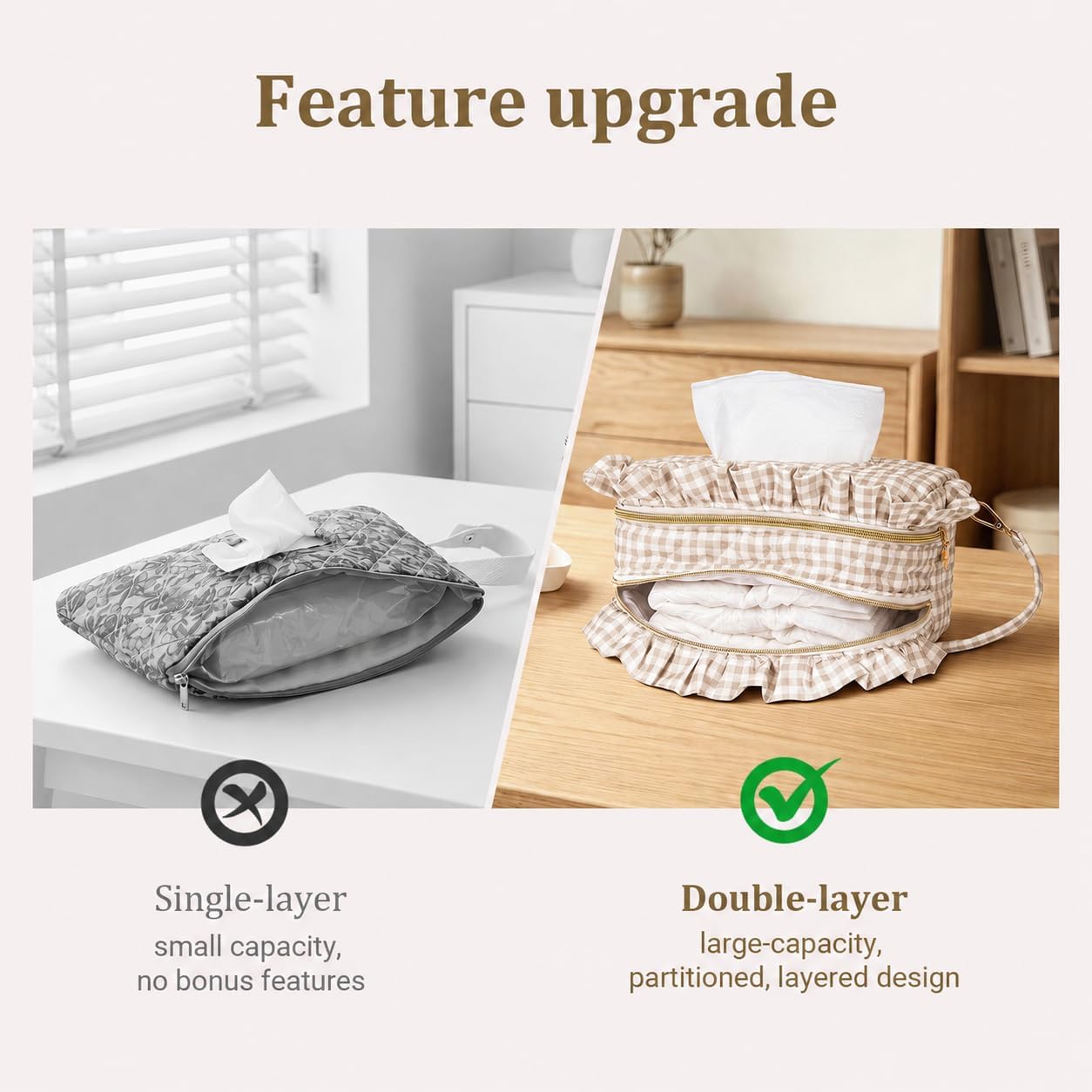 Double-Layer Wipe Holder Quilted Wipes Bag Small Hanging Diaper Bag Portable Wipe Pouch for Stroller, Home, Travel (Brown Plaid)
