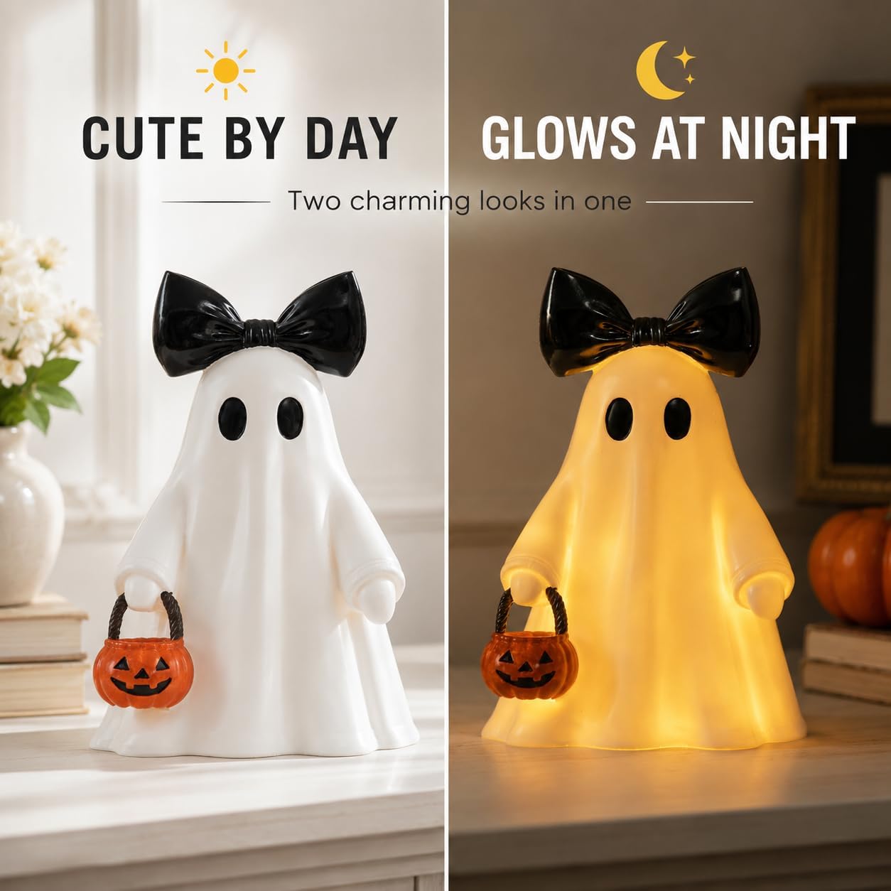 14 in Large Lighted White Ghost Figurine with Pumpkin Lantern&Remote Timer