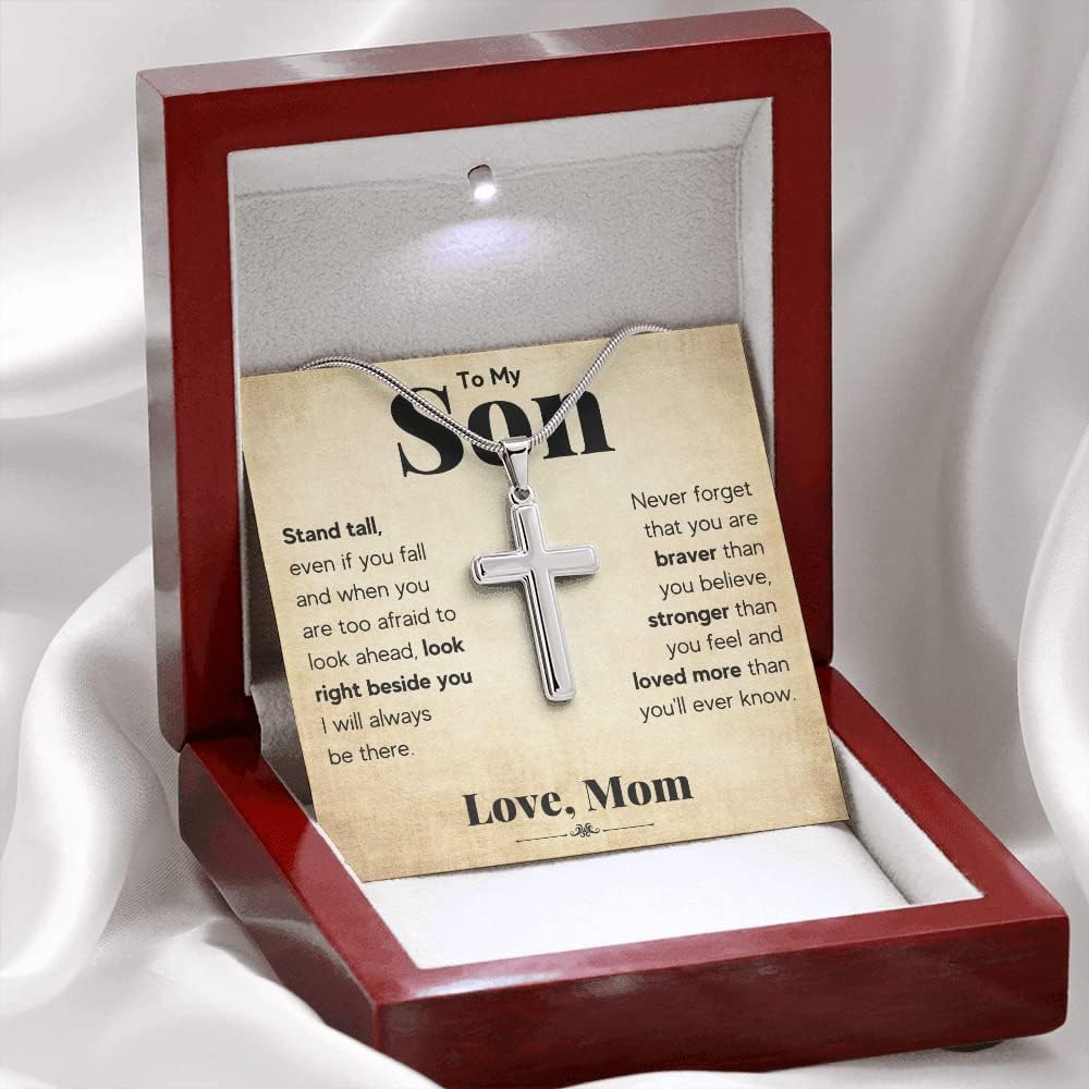 FG Mall To My Son From Mom and Dad, Mother and Son Necklace, Birthday Gift For Graduation, Christmas Faith Cross Necklace Present