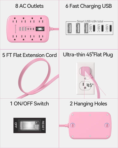 Pink Extension Cord with Surge Protector, 5 FT Flat Plug Power Strip