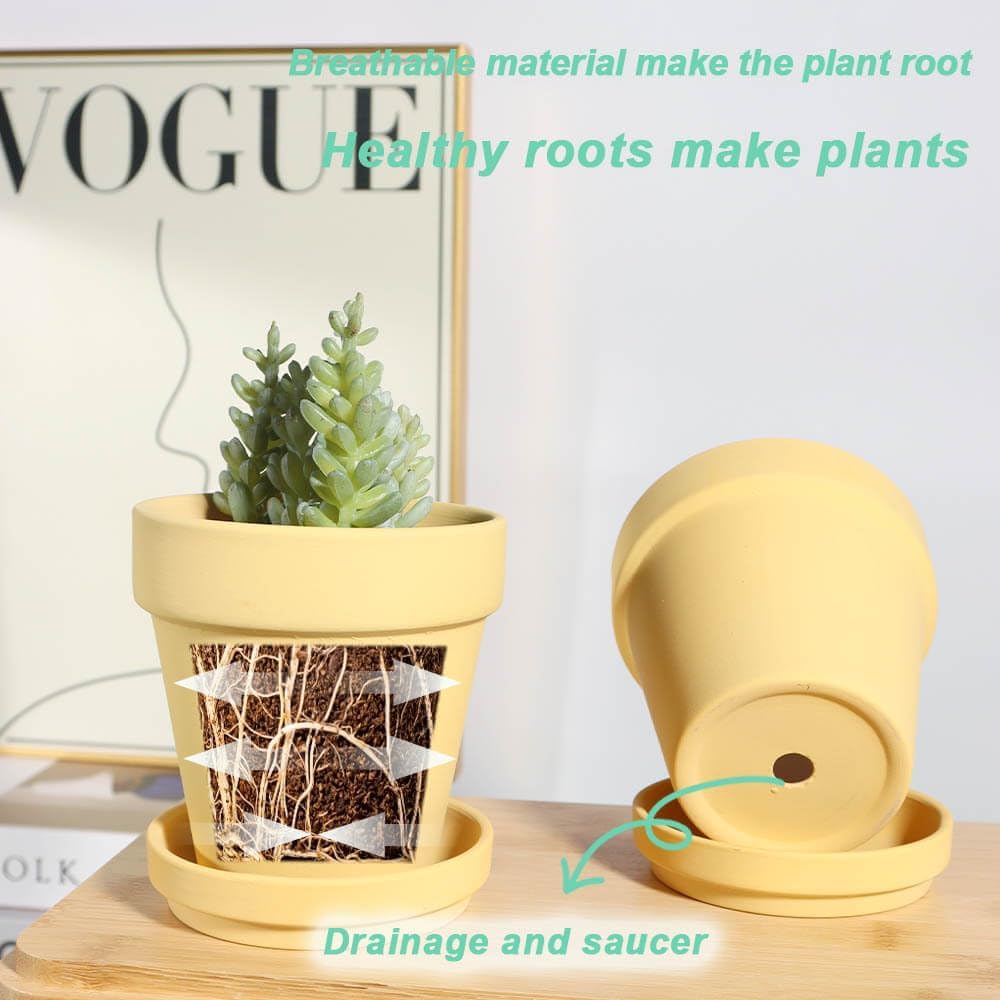 vensovo 6 Inch Yellow Terracotta & Clay Pots with Saucer, 4 Pack