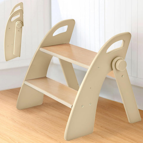 Wooden 2 Step Stool for Toddlers, Foldable 2-Step with Non-Slip Pads and Handles, Bamboo Step Stool for Kids Bathroom Sink and Potty Training, Kitchen Helper, Nursery Bedroom (Log Color)