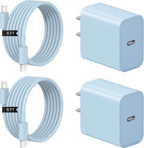 iPhone 17 16 15 Charger Fast Charging 2+2Pack 20W USB C Wall Charger with 6FT Fast Charging Cable Compatible with iPhone 17/17 Air/17 Pro/17 Pro Max/iPhone 16/15 Series, iPad Pro/AirPods - Blue