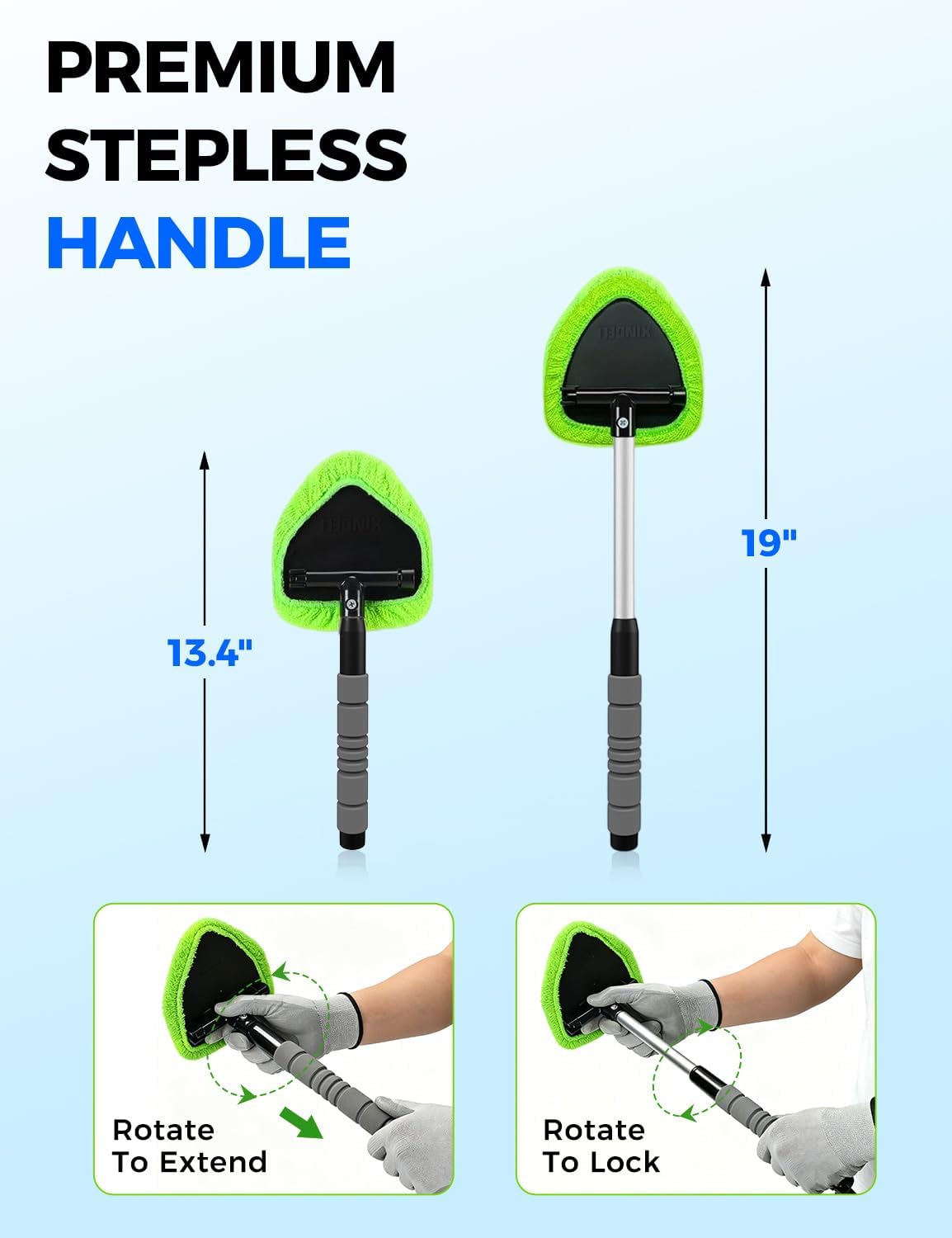 XINDELL Interior Windshield Cleaner Tool – Car Interior Window Cleaning Kit with Extendable Handle & 4 Microfiber Pads, Auto Wiper Inside Compact Windshield Brush for Car & Home Windows