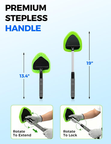 XINDELL Interior Windshield Cleaner Tool – Car Interior Window Cleaning Kit with Extendable Handle & 4 Microfiber Pads, Auto Wiper Inside Compact Windshield Brush for Car & Home Windows