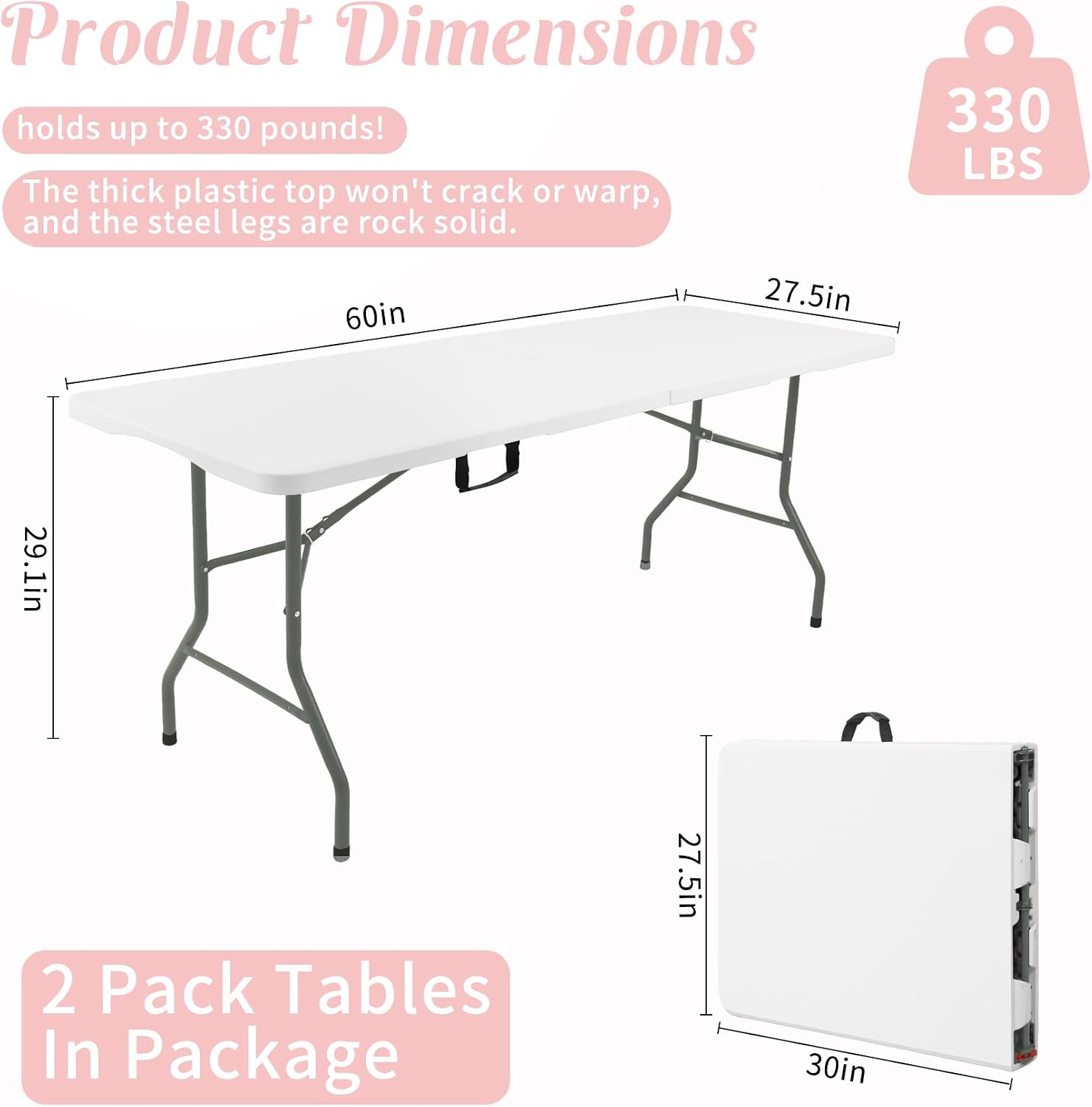 2 Pack 5 Feet Portable Folding Table White, Steel Legs Fold-in-Half with Carrying Handle Rectangular Plastic Foldable Table for Party, Wedding, Camping, Picnic, Dining, Indoor Outdoor Events (White)