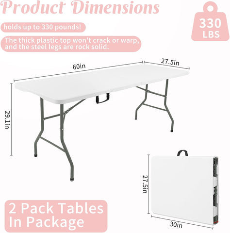 2 Pack 5 Feet Portable Folding Table White, Steel Legs Fold-in-Half with Carrying Handle Rectangular Plastic Foldable Table for Party, Wedding, Camping, Picnic, Dining, Indoor Outdoor Events (White)