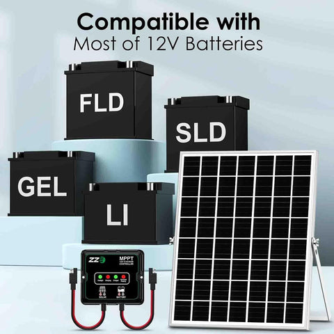 Solar Powered Battery Charger Trickle Maintainer, 20W 12V Solar Panel Kits MPPT Charge Controller with 8 Protections Function IP68 Waterproof for RV Trailer Marine Car Motorcycle (1, Black)