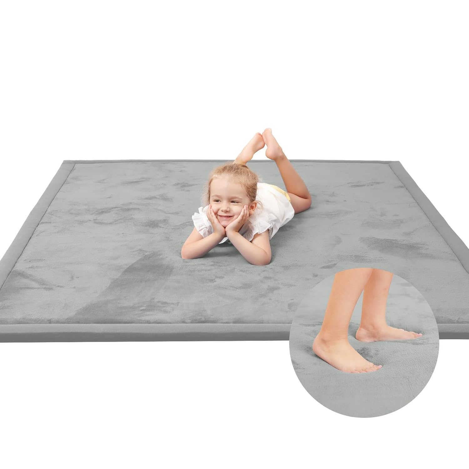 Huloo Sleep Baby Play Mat for Floor,1.3" Thick Memory Foam Tummy Time Mat,Soft Coral Velvet Nursery Rug,Extra Large Non Slip Crawling Mats for Living Room(Light Grey)