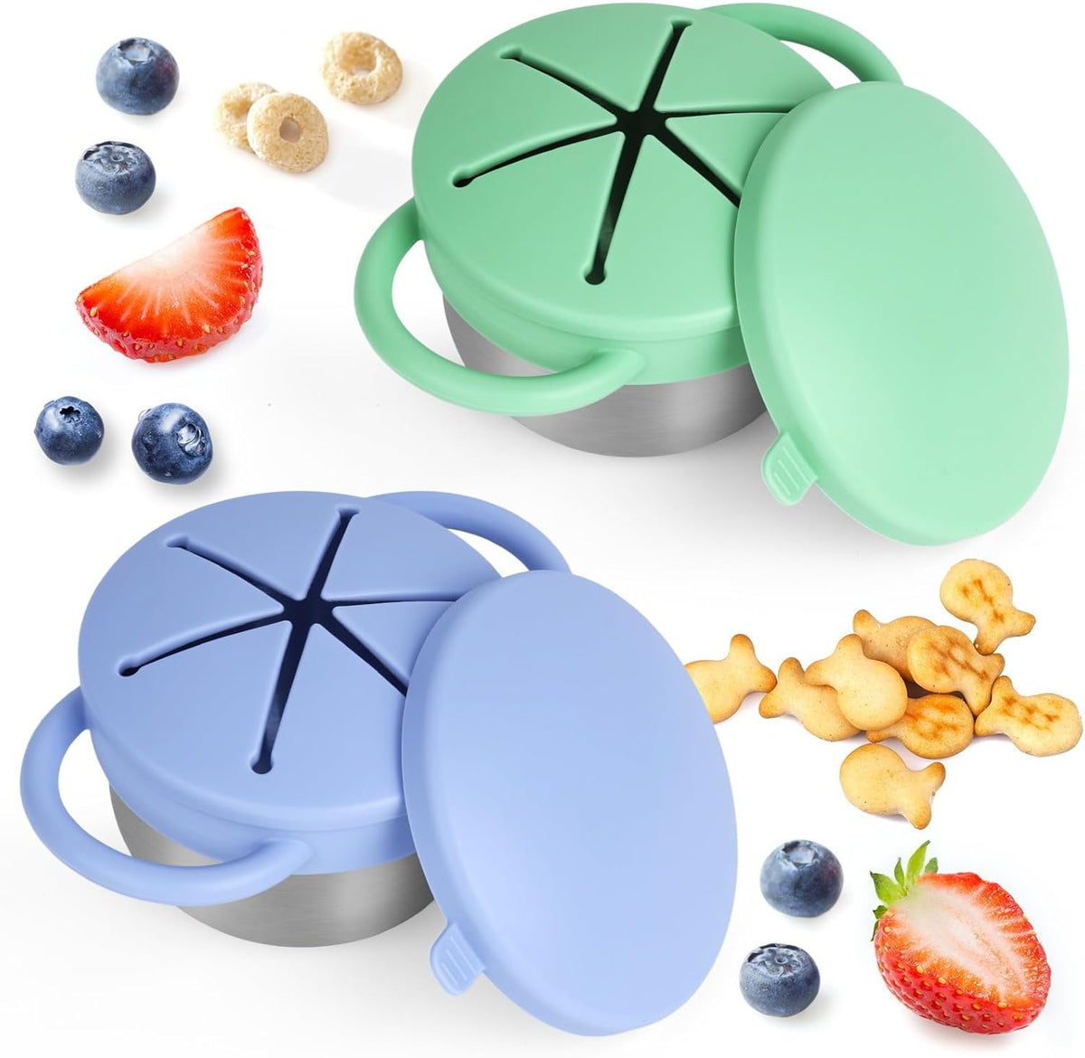 2 Pack Snack Cups for Toddlers Spill Proof - Detachable Stainless Steel Toddler Snack Cups with Silicone Lids & Handles - Dishwasher Safe Snack Container for Mess-Free Snacking（Blue-purple and Green)