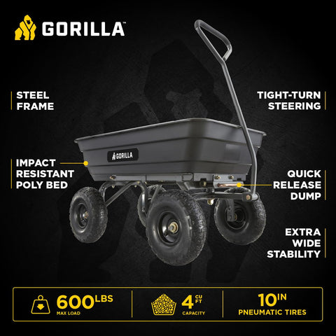 Gorilla Carts Poly Dump Cart, 600 lb. Capacity, 4 Cu ft, Quick Release Dump